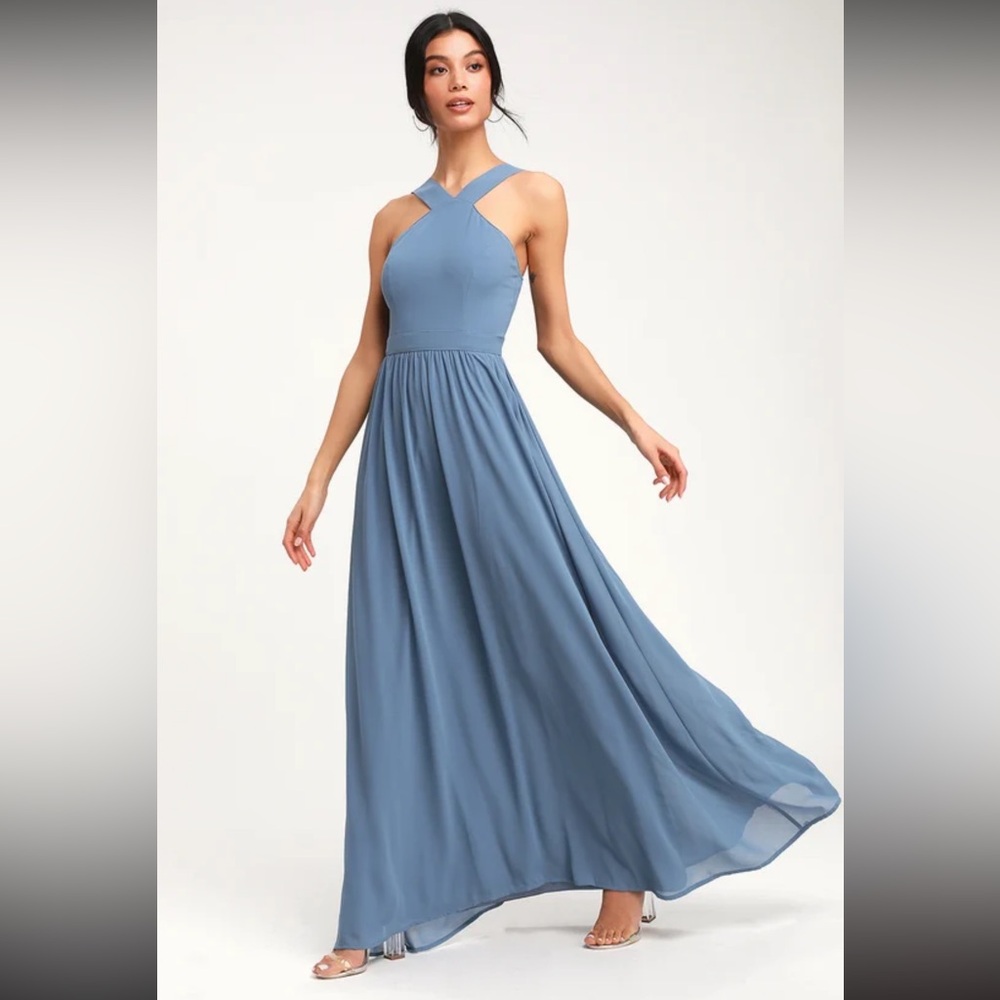 Lulus Air Of Romance Slate Blue Maxi Dress - Size Medium